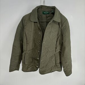 Lemongrass Womens olive green floral quilted light fall work jacket small